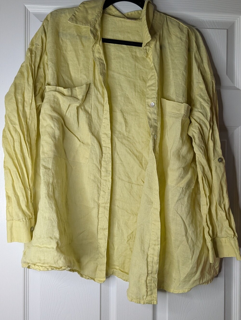 Magaschoni Women Medium 100% Linen Yellow Button Front Shirt Roll Tab Tunic - Picture 2 of 8